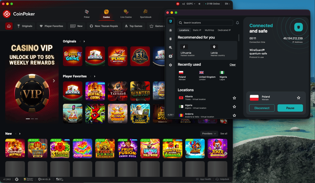 Surfshark unblocking CoinPoker with server in Warsaw