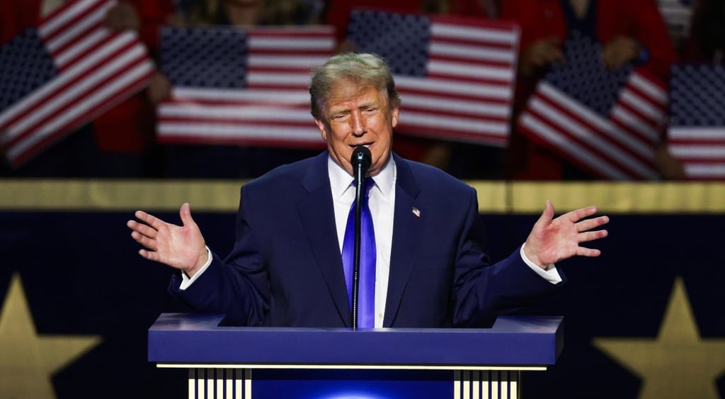 US President Donald Trump speaks on stage at the 2026 Republican National Convention