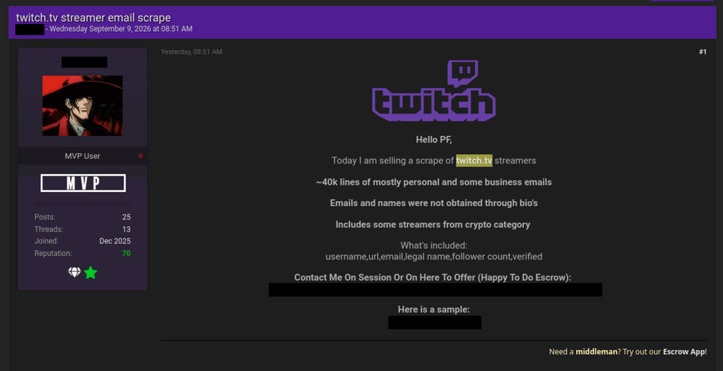 Screenshot of the post listing Twitch on the hacker forum.