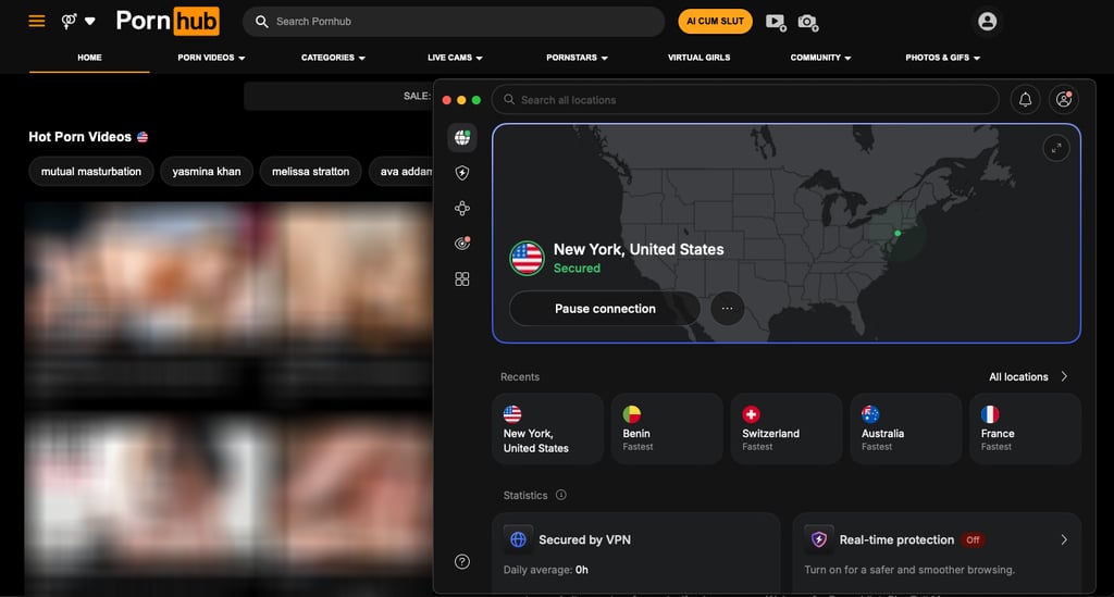 Connected to a NordVPN New York server while browsing Pornhub