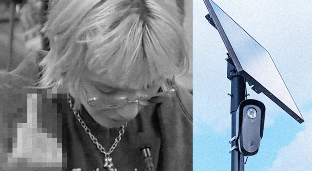A woman showing middle finger in a hearing against Flock cameras on the left corner of collage and Flock camera with solar panel on the right side.