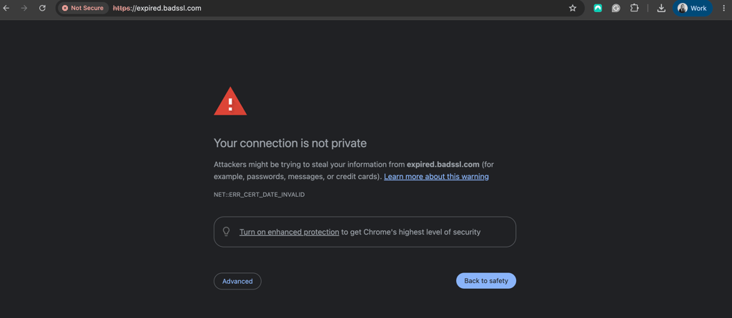 Your connection is not private error on Chrome browser