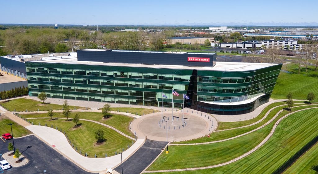 wide aerial of BAE Michigan office complex