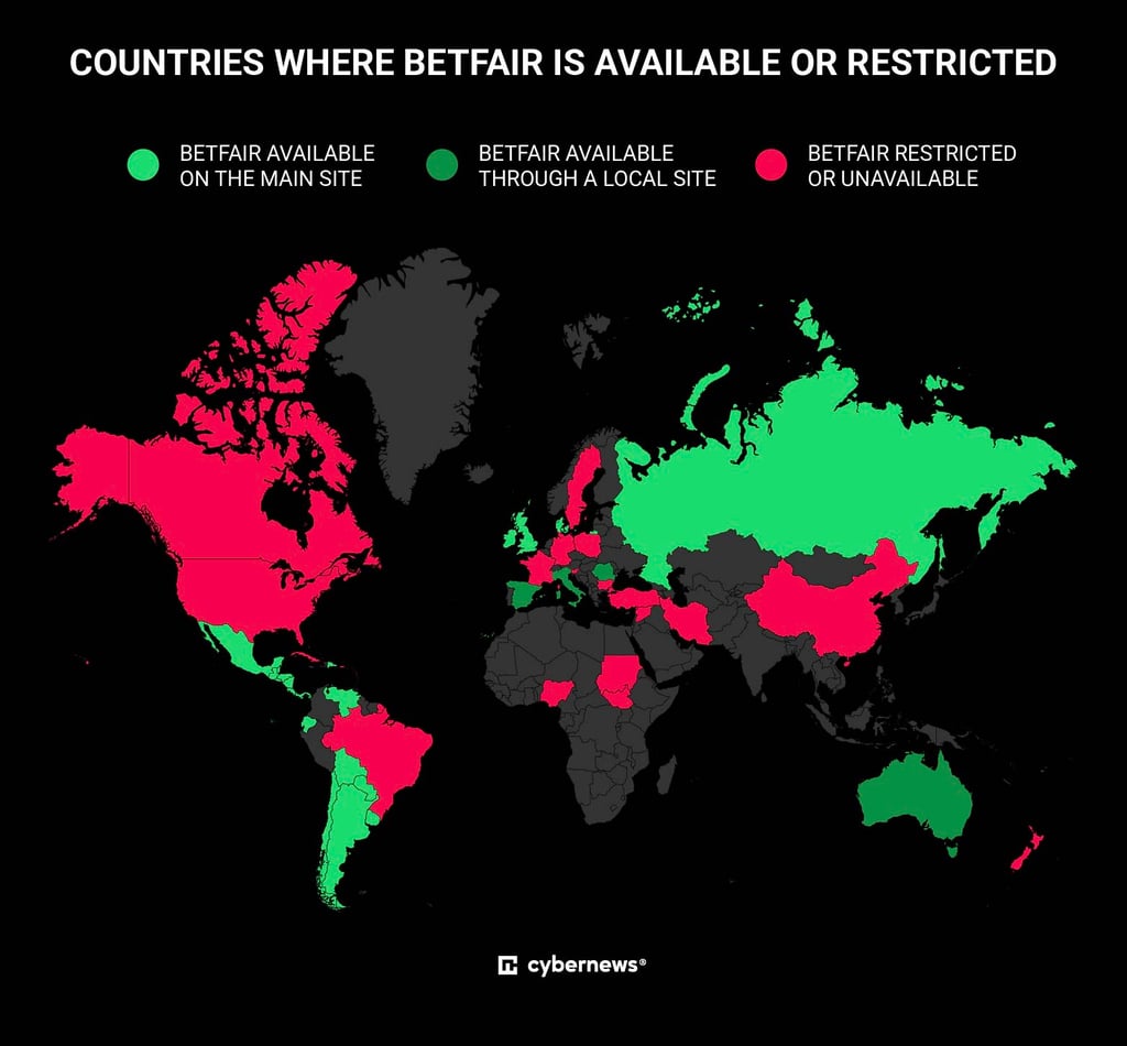 Map showing countries where Betfair is available or restricted as of October 2026