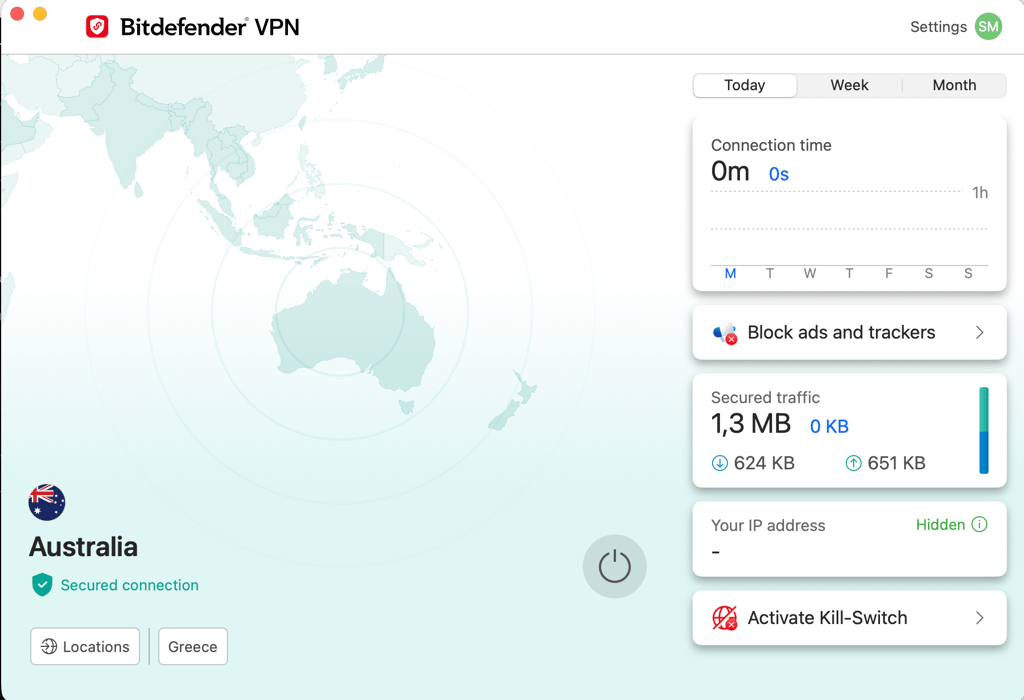 Bitdefender VPN connected to Australia with traffic encrypted