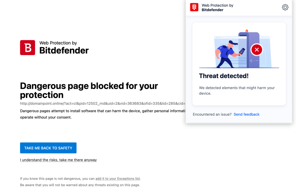 Bitdefender Web Scam Protection blocking a dangerous page from loading