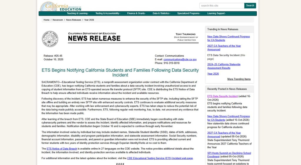 California ETS student data breach