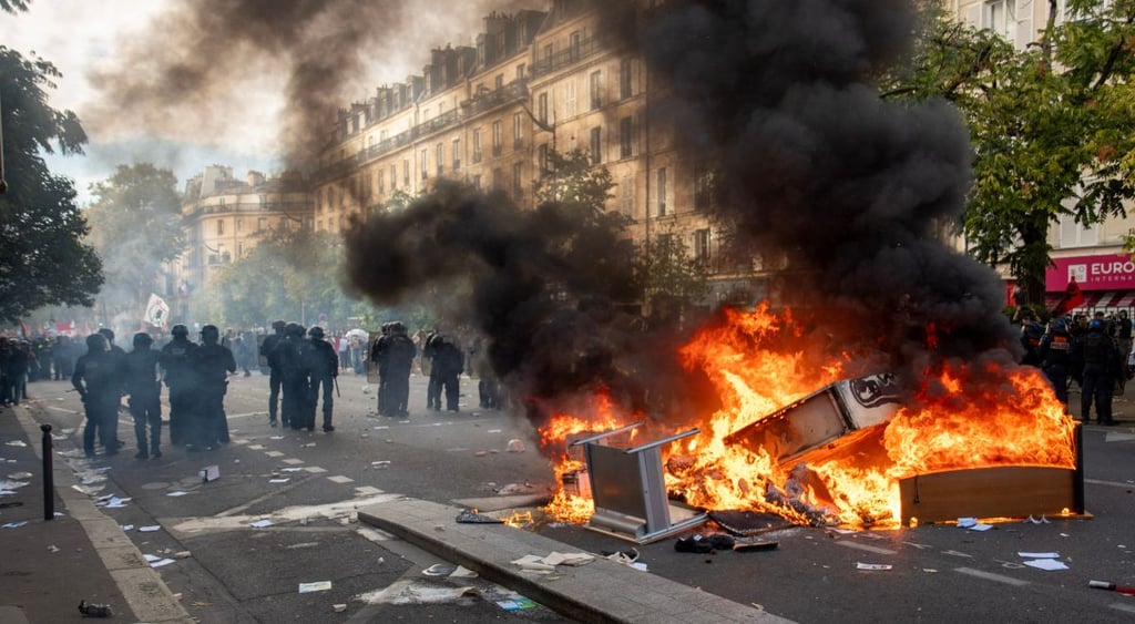 fires in street, police ad proresters in background