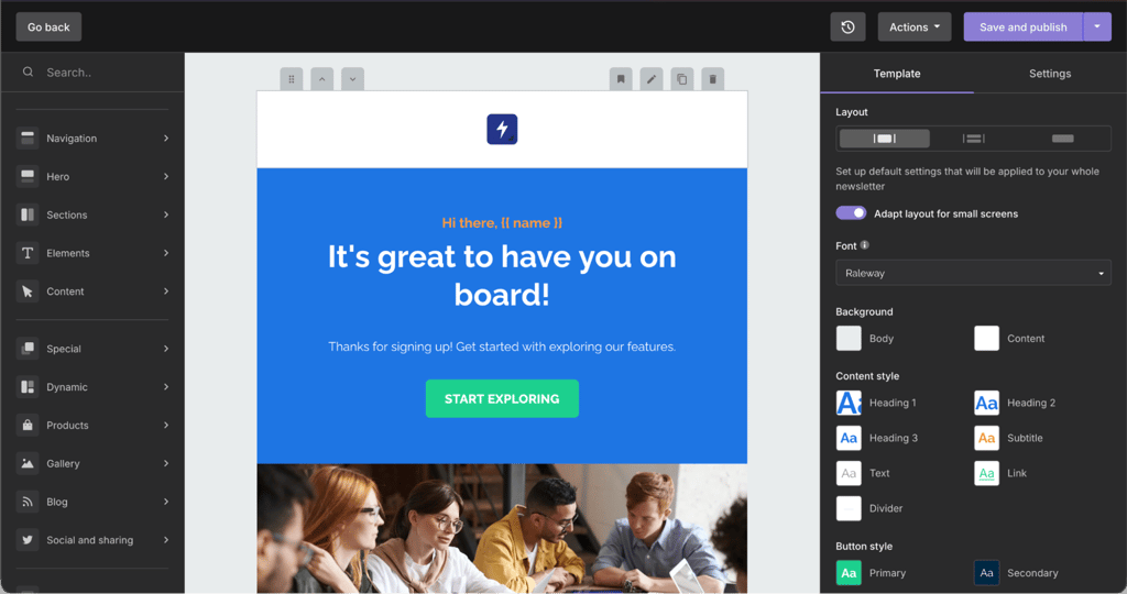 MailerSends drag and drop editor with a ready made email template