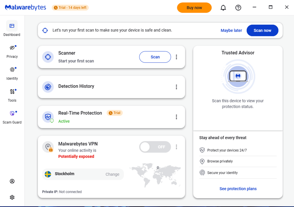 Malwarebytes dashboard and scan button