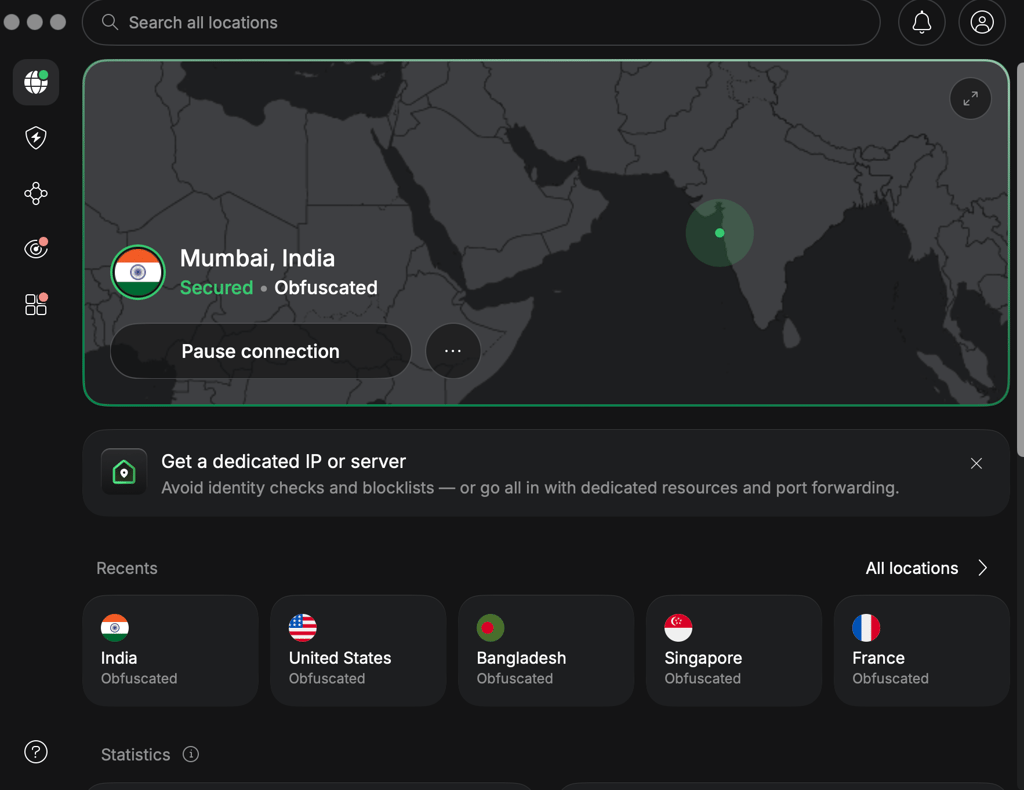 NordVPN connected to a server in Mumbai