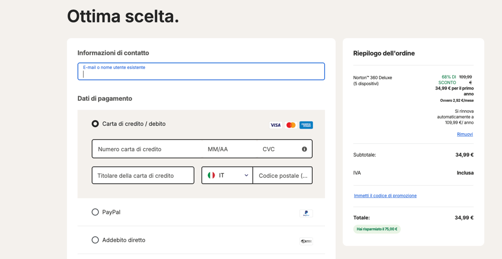 Pagina di pagamento di Norton