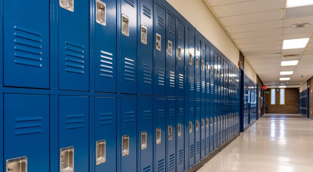 Blue school lockers in hallway