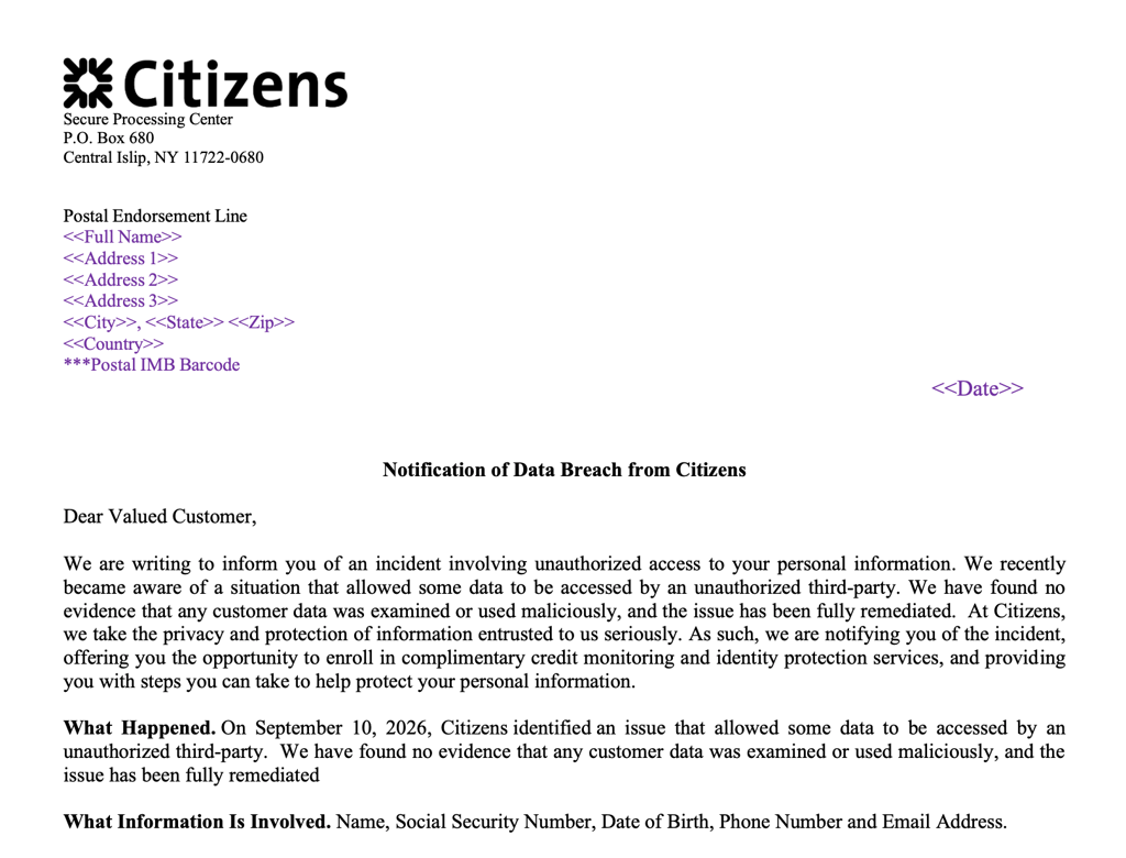 Screenshot of Citizens Bank data breach notice