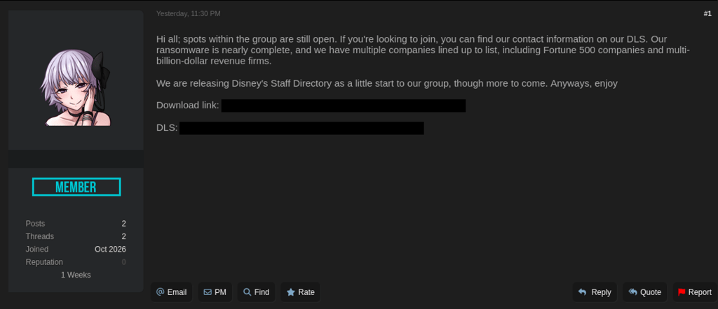 Screenshot of Disney entry on hacker forum