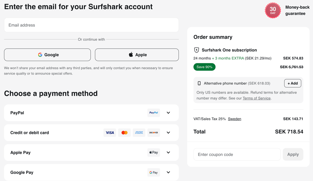 Surfshark BF payment methods