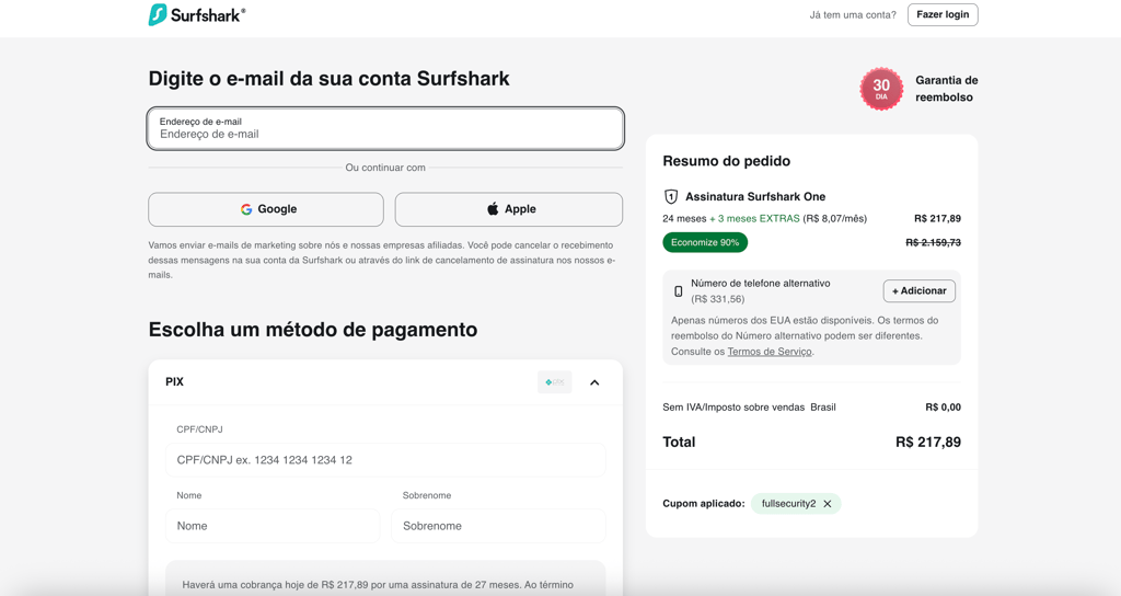 Surfshark checkout page Brazil locale 2026