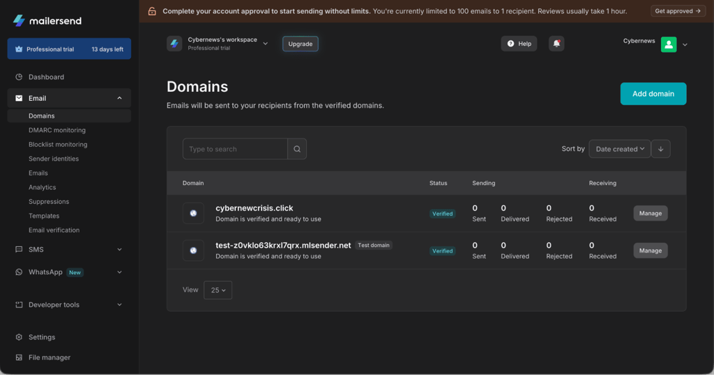 Verified sending domains and account approval status
