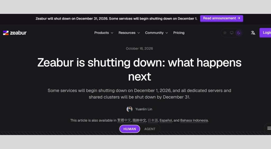 Zeabur shuts down website post