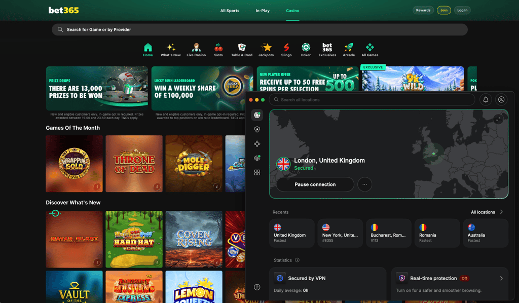bet365 casino open while NordVPN is connected to a London, UK server