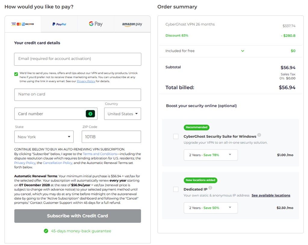CyberGhost checkout page