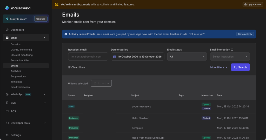 delivery statuses and recorded opens and clicks for the test emails