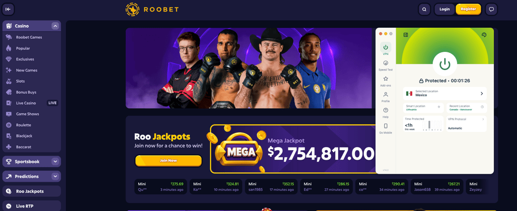 Playing Roobet with ExpressVPN connected to Mexico