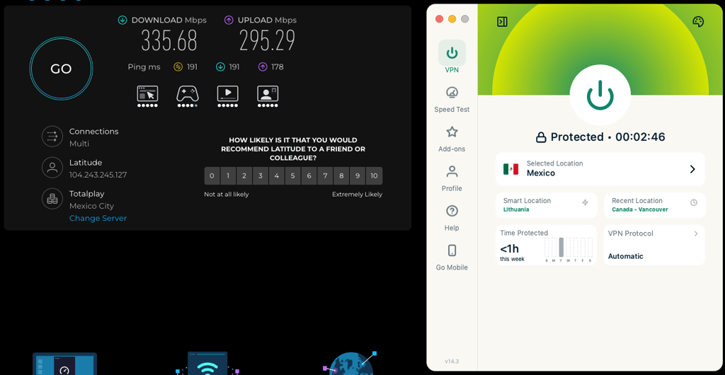 Measuring ExpressVPN speeds when connected to its server in Mexico