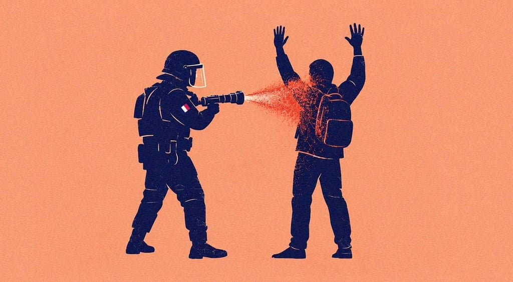 A police office spraying a substance at a protestor