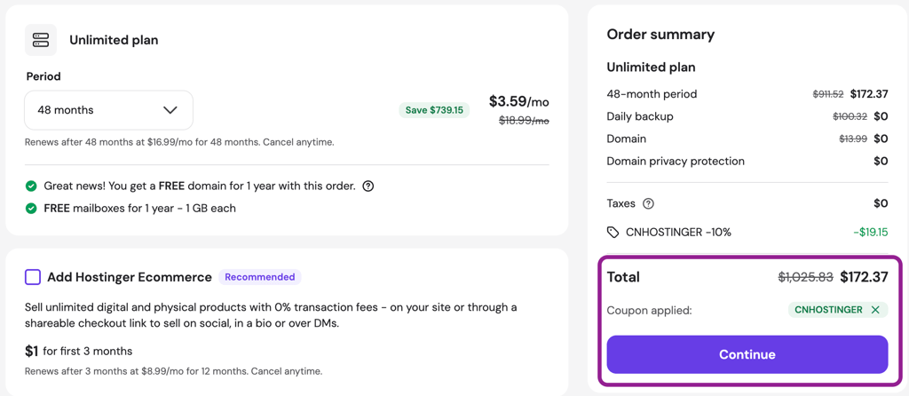 hostinger coupon code applied