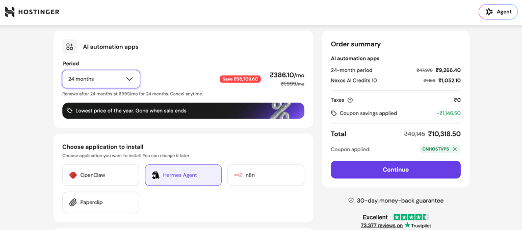 hostinger hermes agent pricing 2026 10