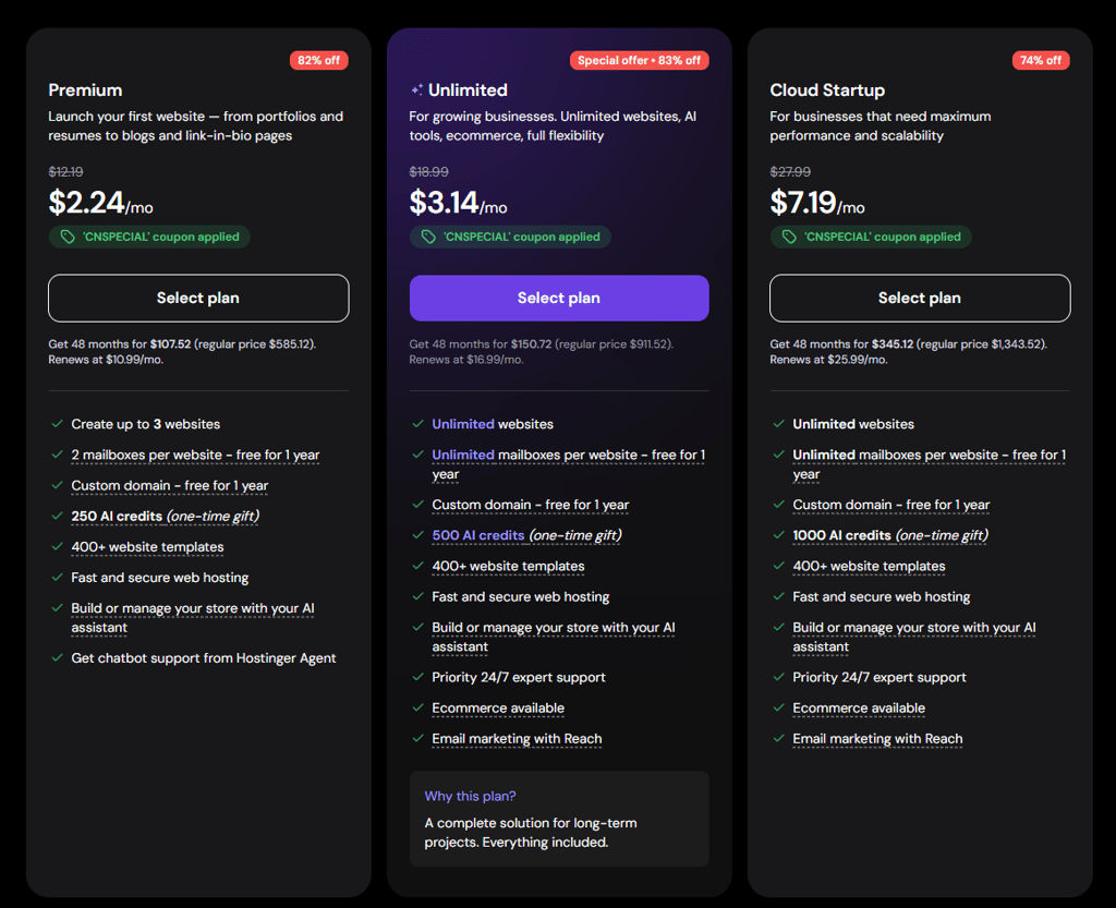 hostinger web builder plans 2026