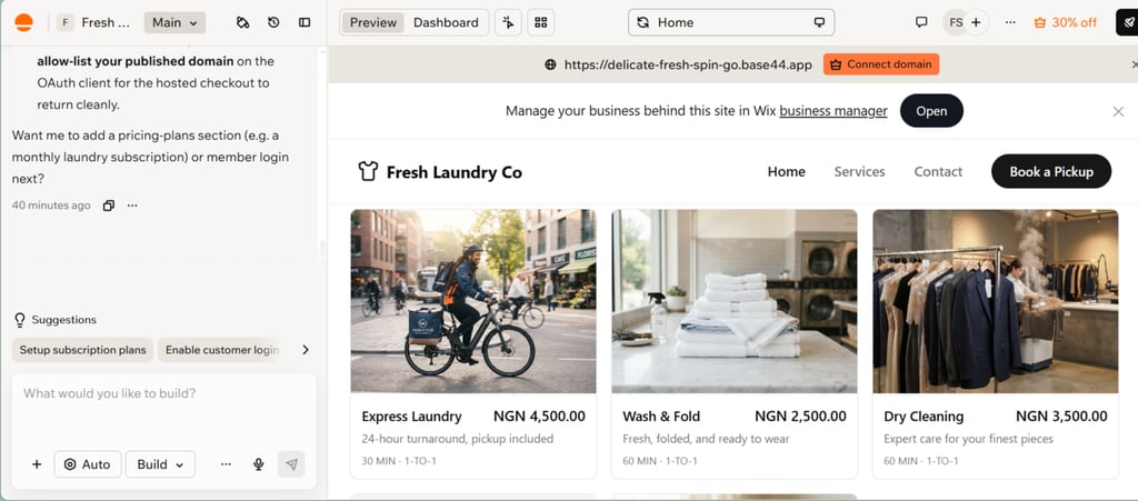 Laundry business on WIX showing available services