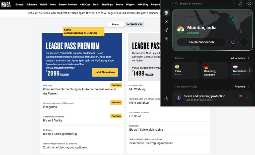 NBA League Pass Indien mit VPN