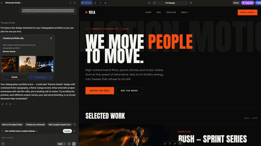 Generated website for videographers