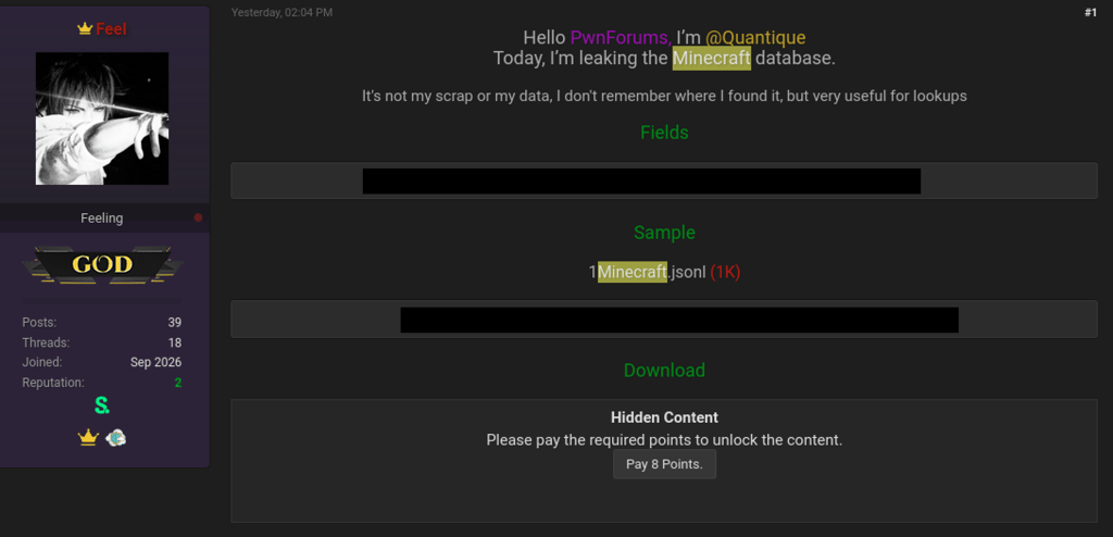 Screenshot of a post on a hacker forum listing Minecraft.