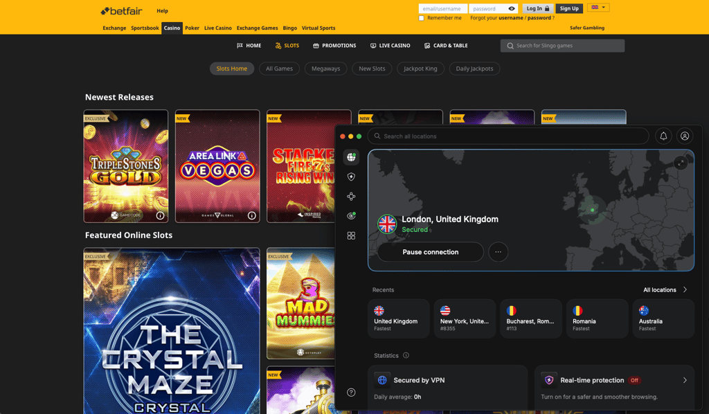 Betfair casino open while NordVPN is connected to a London, UK server