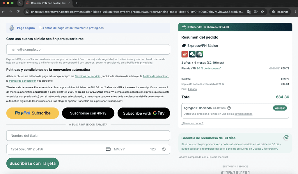 planes de pago de express vpn ES