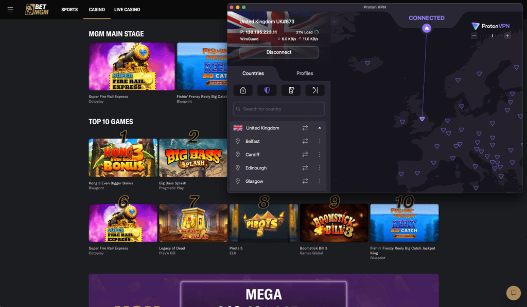 BetMGM UK casino open while Proton VPN is connected to a UK server