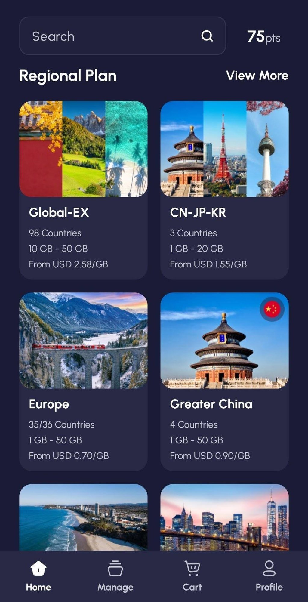 Selection of regional plans on Nomad eSIM
