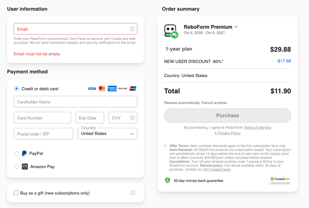 roboform fill payment details