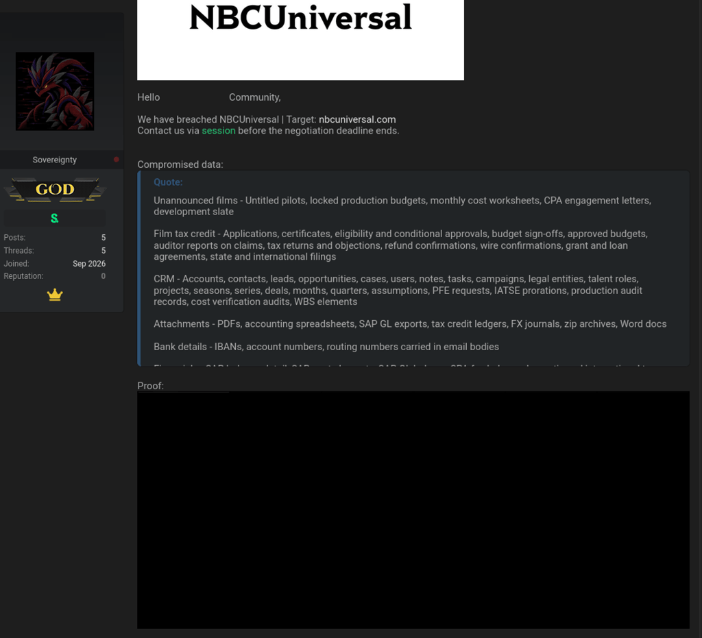 Screenshot of NBC entry on hacker forum