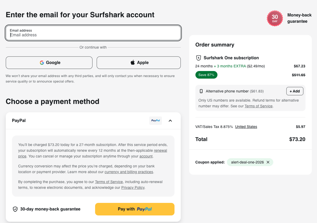 surfshark alert coupons checkout