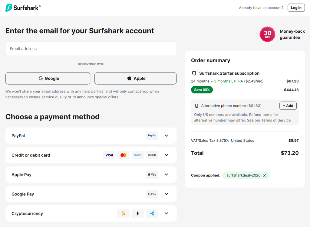 Surfshark checkout