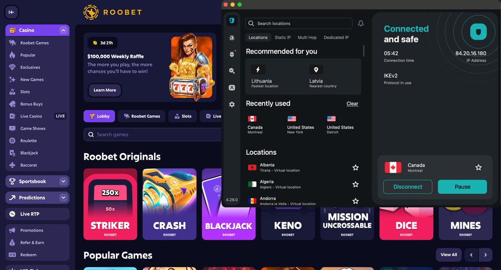 Playing Roobet with Surfshark on Canada server