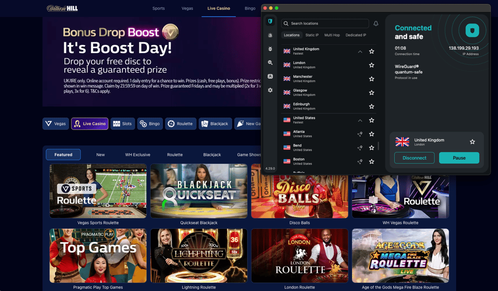 William Hill casino open while Surfshark is connected to a London, UK server