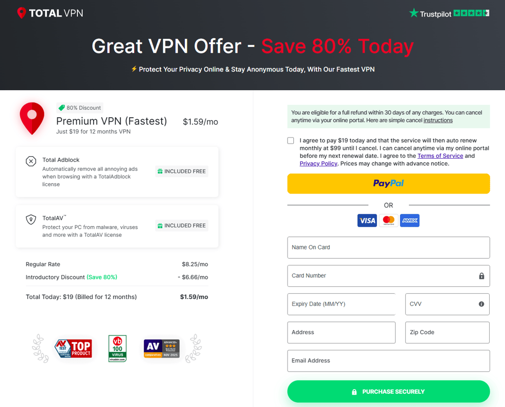 TotalVPN checkout page