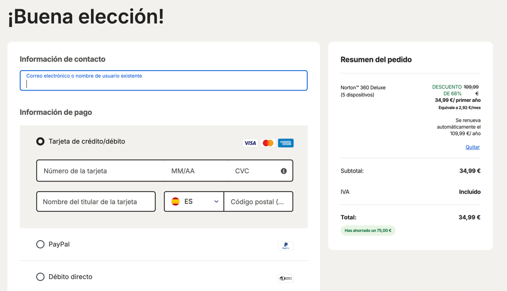 ventana de pago de norton vpn