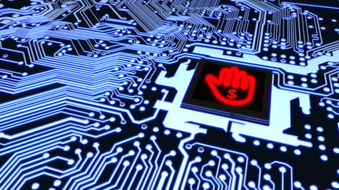 Blue circuit board closeup connected to a cpu with a glowing stop hand symbol