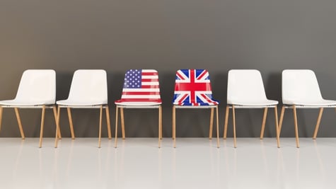 Chairs with flag of usa and uk in a row. 3D illustration
